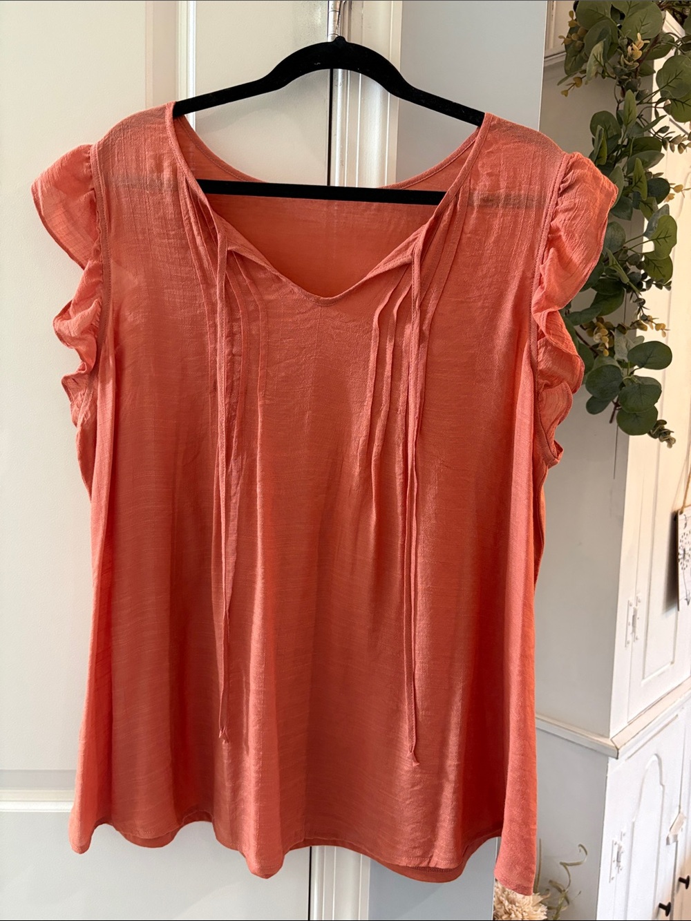 Source Unknown Coral Tie-Neck Ruffle Sleeve Blouse